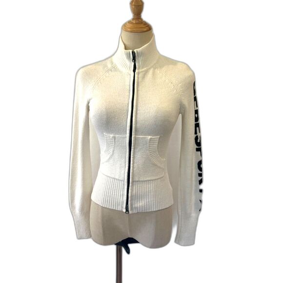 Bebe Sport Vintage Y2k Full Zip Mock Neck Sweater Pockets Spell Out Sleeve - Picture 2 of 9